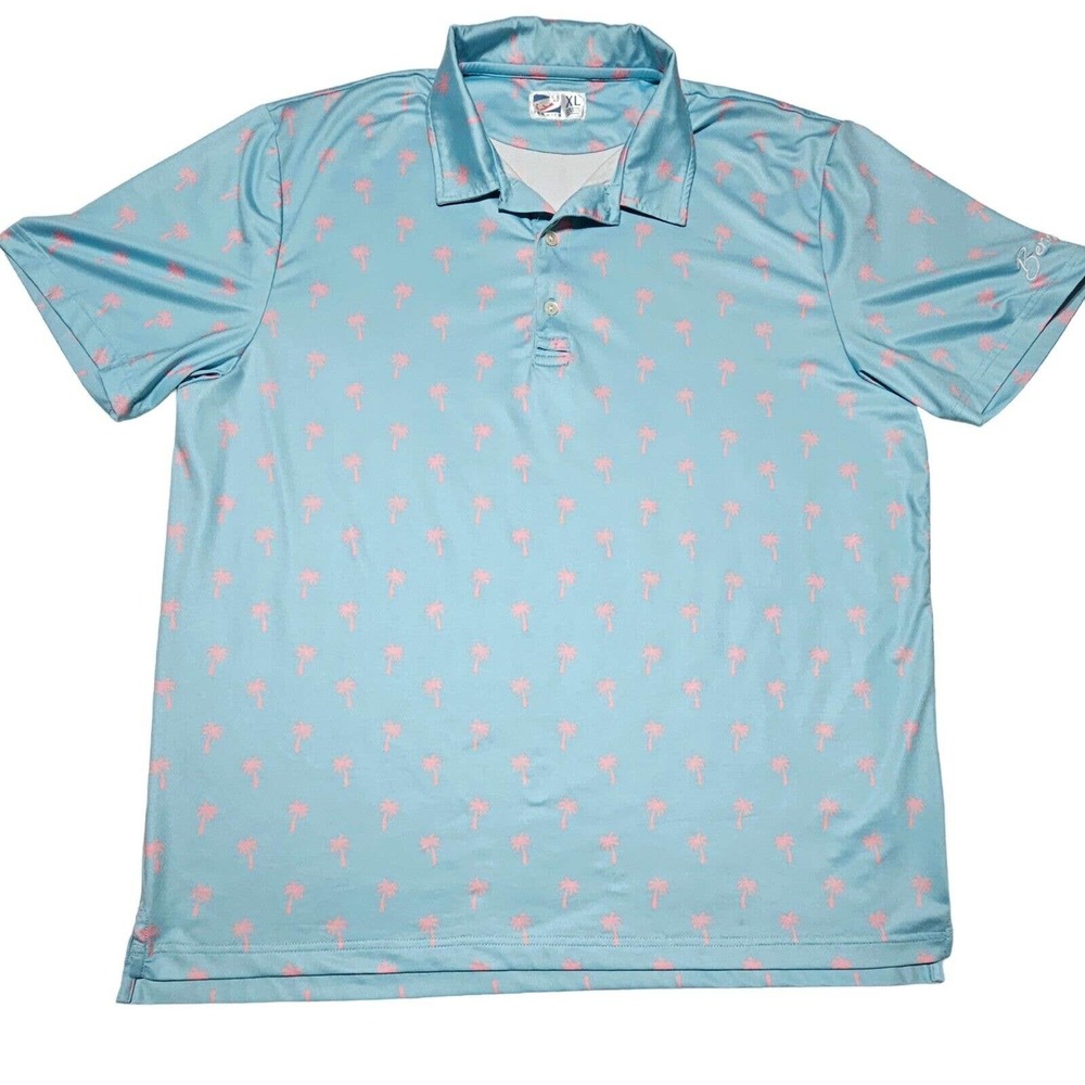 Bermies Men's Performance Polo Golf‎ Shirt Sz XL Blue Bahamas-Pink Palms